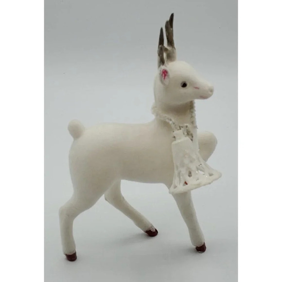 Vintage 2 Plastic White Flocked Chistmas Reindeer Large Bell JAPAN - Picture 9 of 9